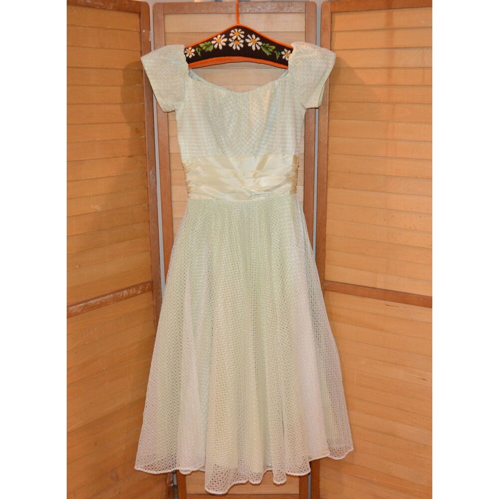 Vintage Gown 1950s Punched Eyelet Light Sage Full Swing with Sash